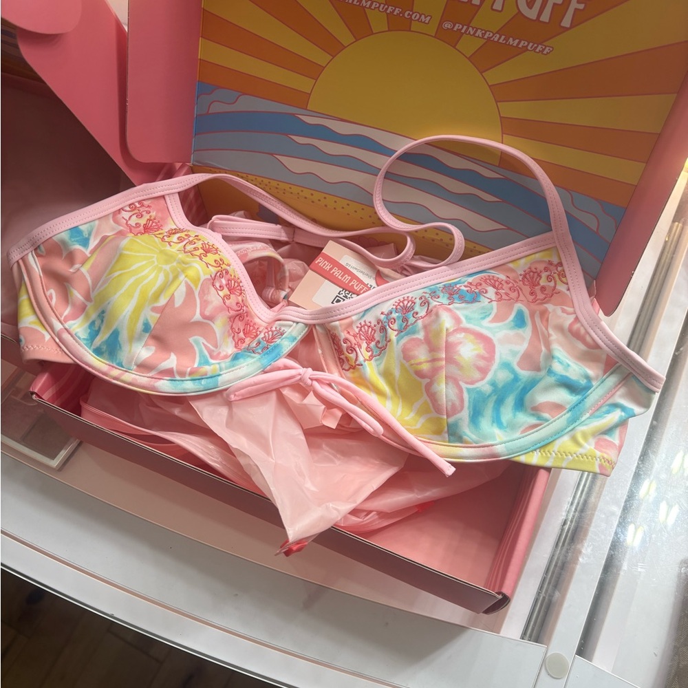 Pink Palm Puff Bikini Top